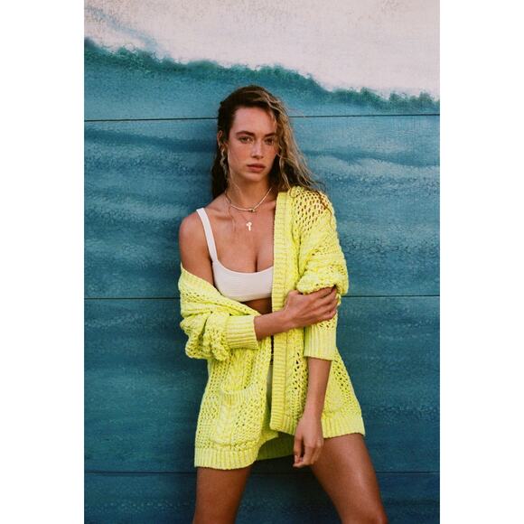 Anthropologie Serenity Loose Knit Lemon Neon Yellow Open Cardigan XS/S - Picture 1 of 8
